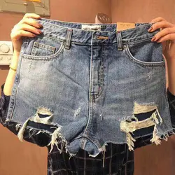 Корейский 2019 Весна Новый отверстие Винтаж для женщин шорты для повседневное Famale Vogue Дамы джинсы шорты широкие пикантные синие ж