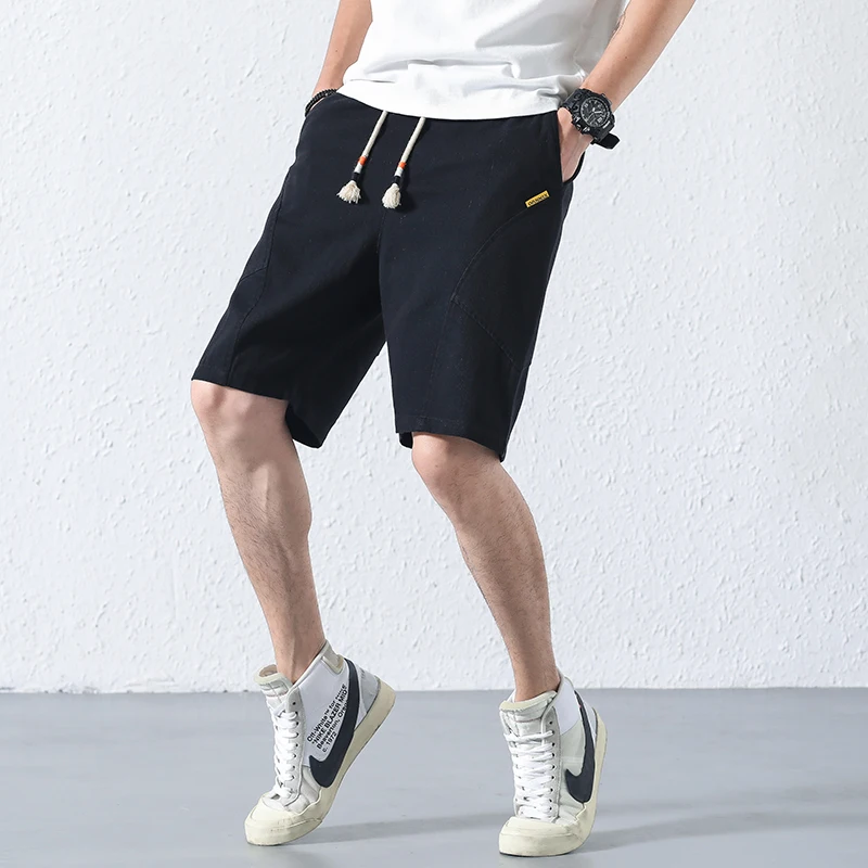 Summer Casual Shorts Men Cotton Mid Drawstring Regular Knee Length Solid Pockets Black Brown ArmyGreen Men Short BINHIIRO CS1901