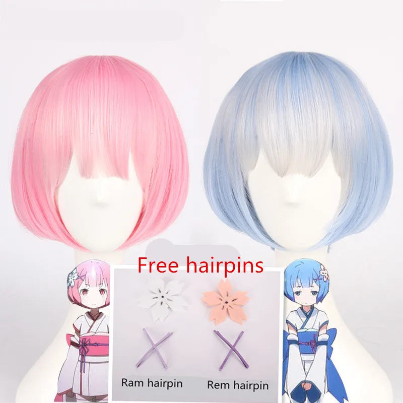 

Re Zero Ram Rem Wigs Re:Life In A Different World From Zero Cosplay Gradient Blue/ Pink wig costumes with hairpin