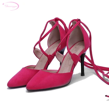

Chainingyee nightclub party sexy pointed toe pump fashion knee high lace-up red black stiletto high heel women shoes big size