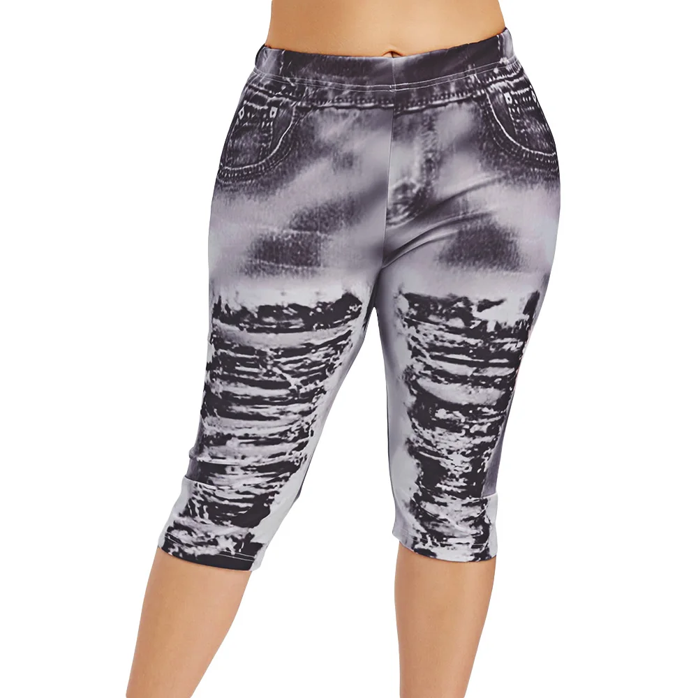 Wipalo размера плюс 3D рваные джинсовые леггинсы с принтом эластичные Капри с высокой талией обтягивающие летние женские леггинсы уличная одежда 5XL - Цвет: Carbon