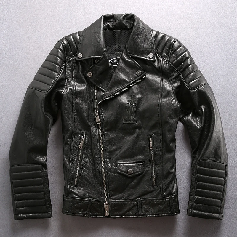 

HARLEY ANGEL 2017 Fashion Professional motorcycle Genuine Leather Jacket Men Slim Fit Cowskin Men's Biker Jacket black coat