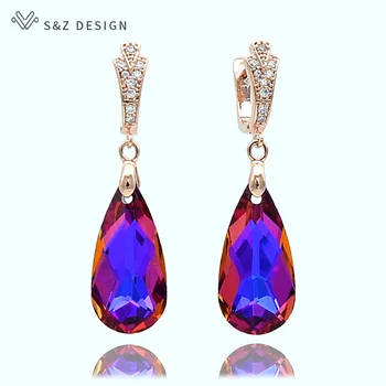 

S&Z New 6 Colorful Imitation Crystal Long Water Drop Dangle Earrings 585 Gold Color For Women Wedding Party Gift Jewelry