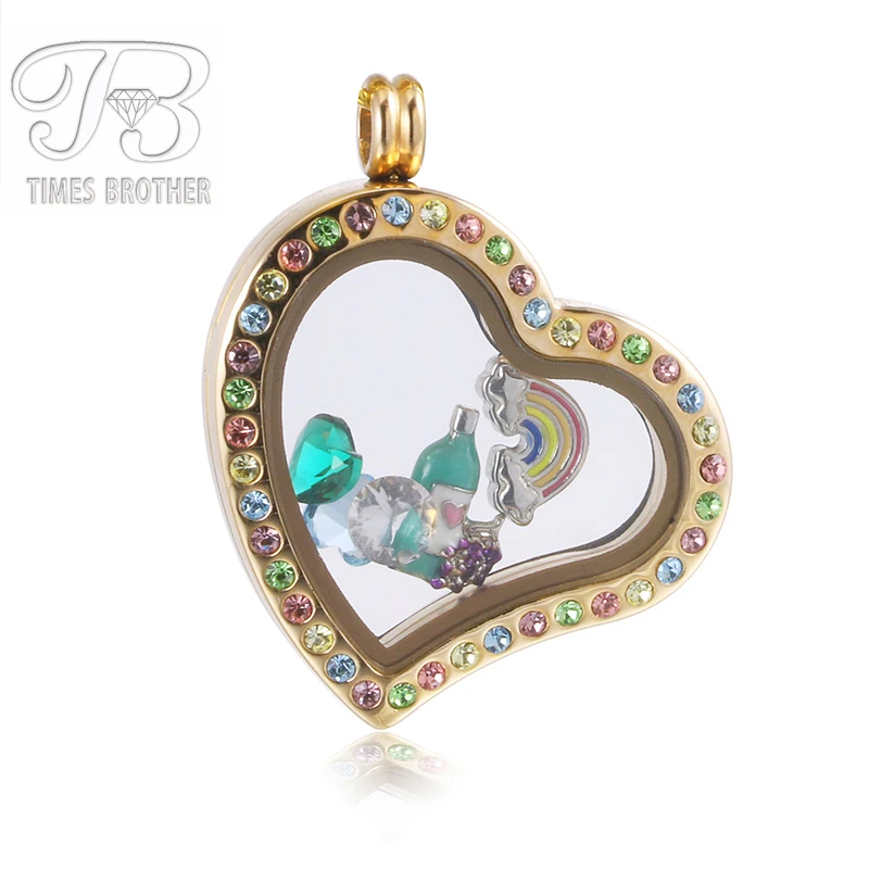 

30mm Rainbow Rhinestone Memory Locket Curvy Heart Clear Glass Rose Golden 316 Stainless Steel Magnetic Pendant Necklace