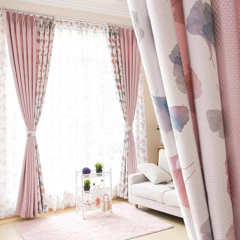 

Custom curtains high quality splice pastoral luxury cotton printing pink jacquard cloth blackout curtain tulle drapes M630