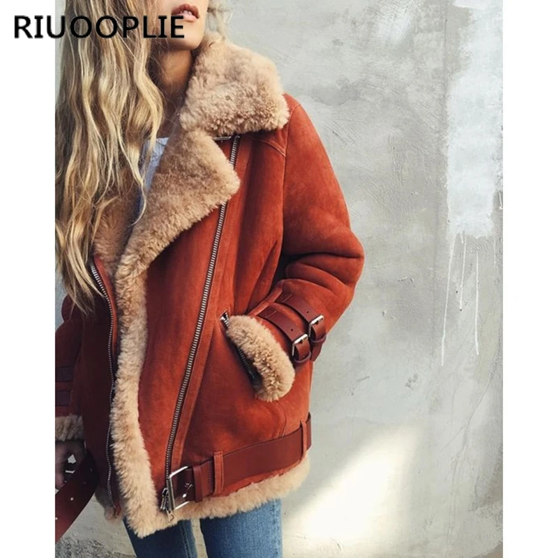 New  RIUOOPLIE Winter Womens Fleece Fur Biker Aviator Jacket Coat Zipper Warm Lapel Outwear