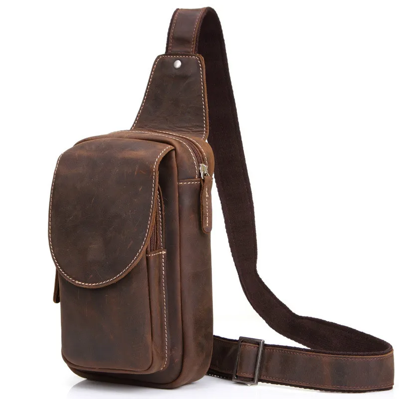 

High Quality Men Shoulder Messenger Bag Genuine Leather Chest Pack Vintage Men Zipper Sling Bags