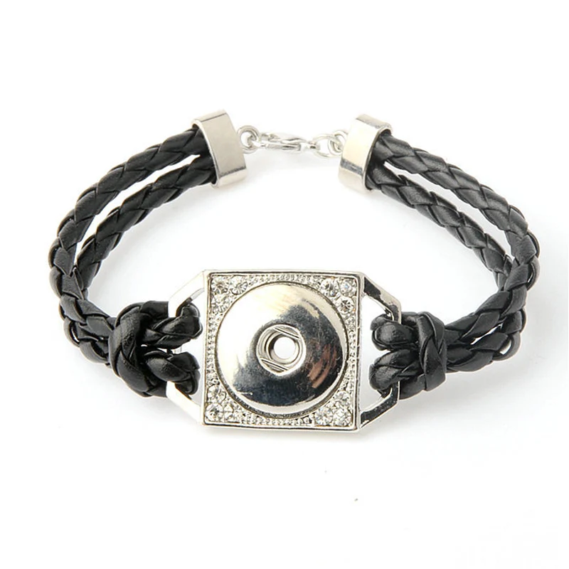 

Fashion Braided PU Leather Snap Bracelets Jewelry Fit 18mm Snap Buttons Silver Tone with Rhinestones Charm Wrist band Wholesale