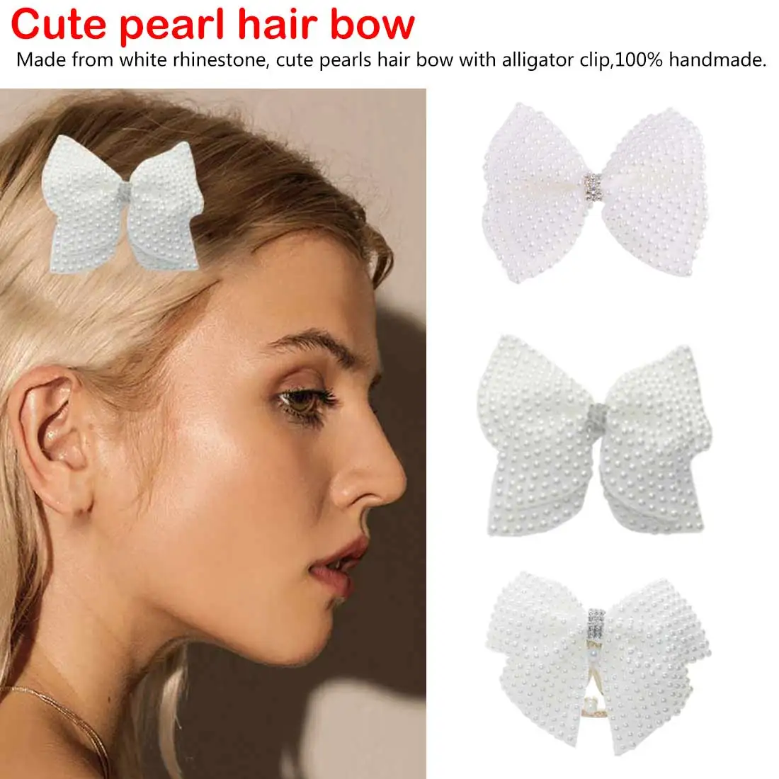 

2 Pcs White Rhinestone Bow For Girl Kids Cute Pearls Hair Bow With Hair Clips Beads Hairgrip