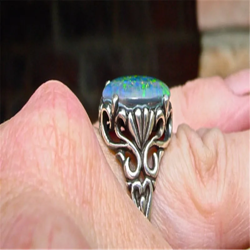 Large Blue Fire Opal Stone Rings for Women Engagement Rings Antique Silver Rings Luxury Jewelry Bague Femme Man Anillos O1/J387