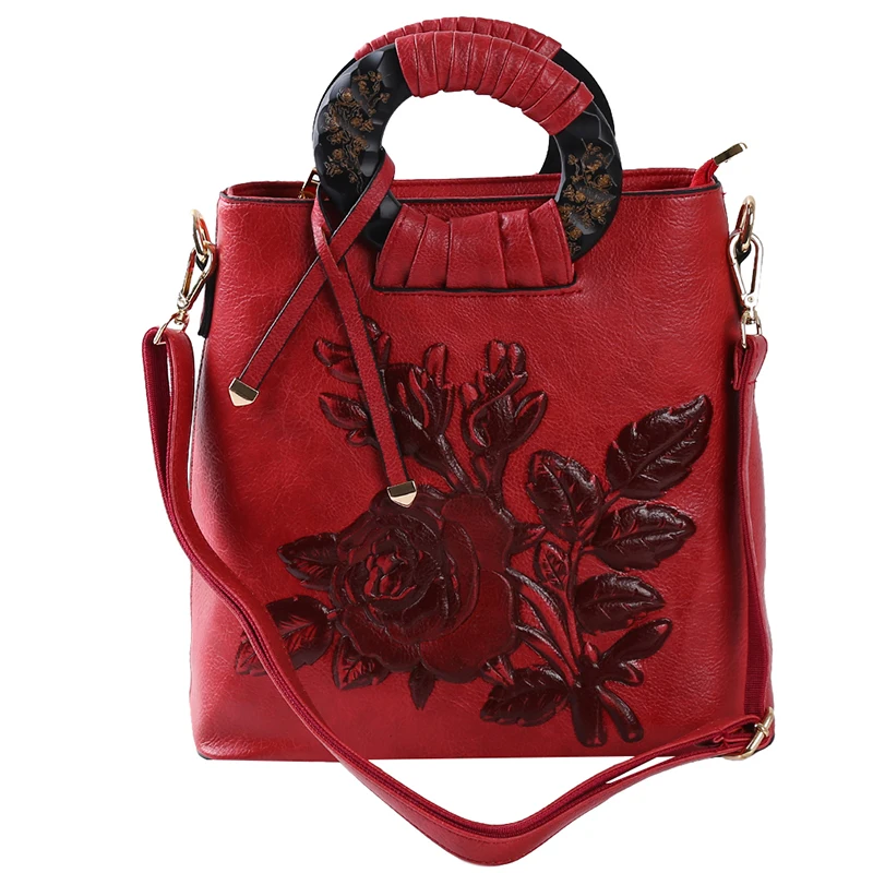 Винтажная сумка через плечо из искусственной кожи, женская сумка-мессенджер с тисненым рисунком, женская большая сумка на плечо с цветочным рисунком - Цвет: red