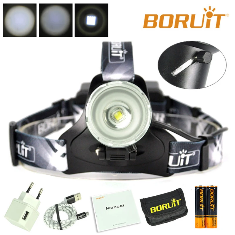 Best Boruit B13 LED Headlamp Rechargeable Zoomable Head Light Waterproof Torch Lights XM L2 Latest Version, 6000 Lumens BlACK