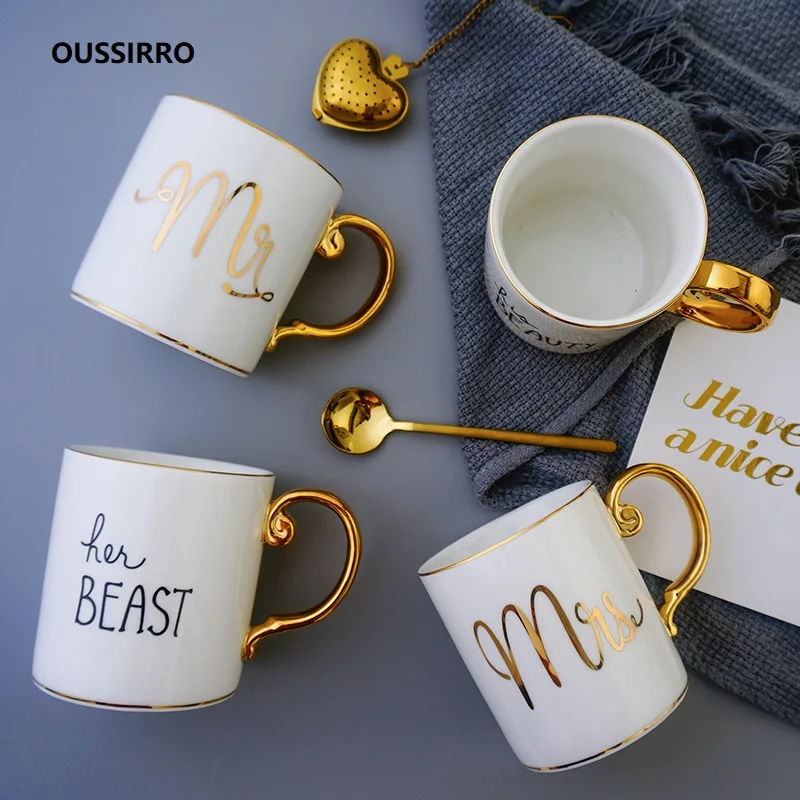 

OUSSIRRO Natural Marble Porcelain Coffee Mug Mr and Mrs Tea Milk Cup Creative Wedding Anniversary Gift