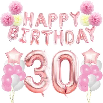 

30th 40th 50th 60th Birthday Party Decoration Set Banner Letter Balloons& Foil Numer Balloons Paper Flowers for Girls Party