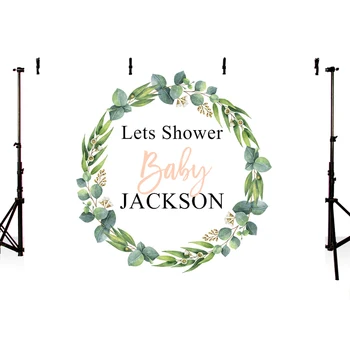 

Baby Shower Photography Backdrop White Theme Green Leaves Circle Birthday Party Bridal Shower Photo Backgrounds 7x5ft Vinyl