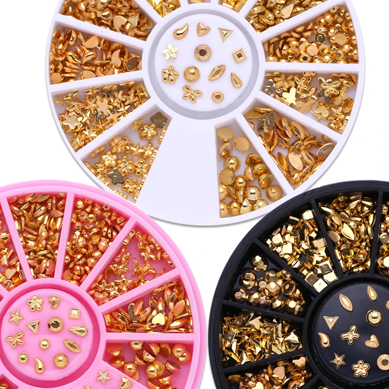 

1 Box 3D Nail Decoration Gold Metal Studs Plated Manicure DIY Nail Art Decoration in Wheel Accessoreis Pink White Black 3 Colors