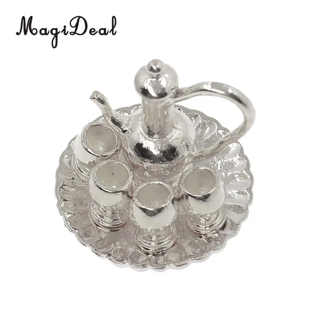 6Pcs 1:12 Dollhouse Miniature Silver Metal Tea Coffee Milk Set with Tray for Dolls Living Room Table Tableware Furniture Decor