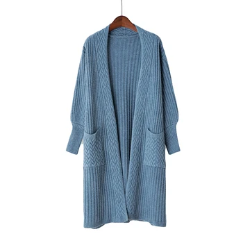 

Korean Lantern Sleeve Pattern Long Cardigan Sweater Jacket Women Pocket Loose Large Size Sweater Casual Female Cardigans Sweater