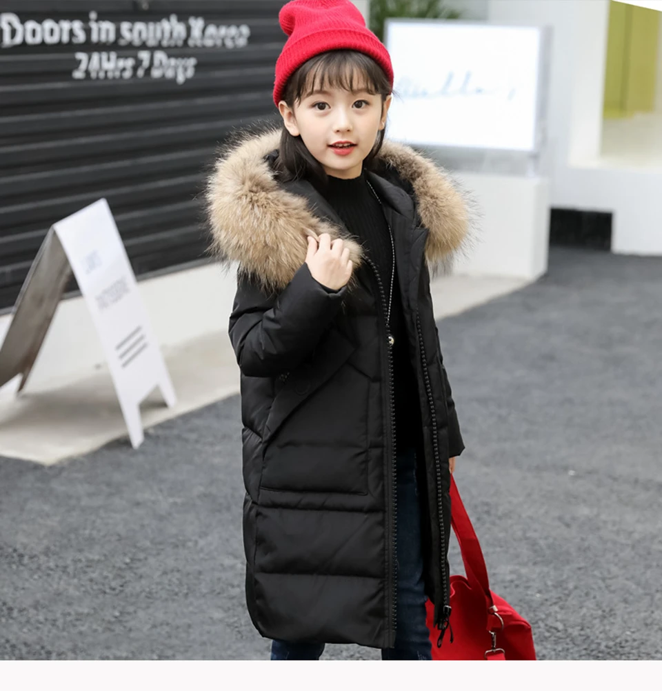 Зимние детские куртки пальто для девочек Детская парка на меху для подростков плотная пуховая куртка зимняя верхняя одежда для малышей до-30 градусов - Цвет: Черный