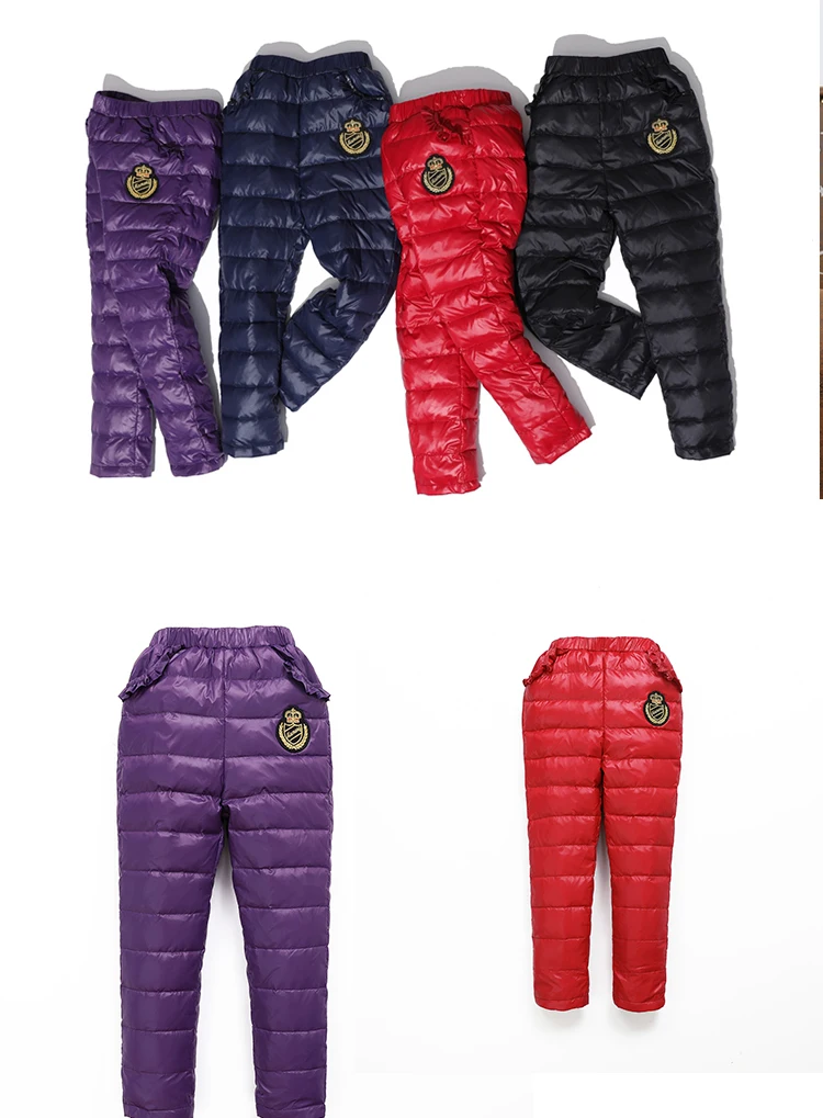 Новые модные зимние Пуховые штаны для девочек; хлопковые водонепроницаемые брюки для больших мальчиков; повседневная детская одежда; однотонные леггинсы для детей
