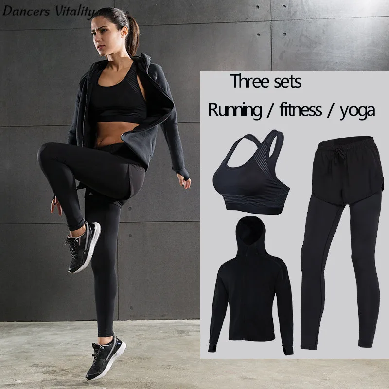 

2017 Ladies Yoga Fitness Set Windproof Running Tops Fake Two-piece Sports Leggings Yogging Yoga Quick Dry Pants Long Sleeve Spor