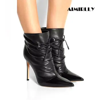 

Aimirlly Elegant Women Pointed Toe High Heel Lace Up Ankle Boots Stiletto Black Patchwork