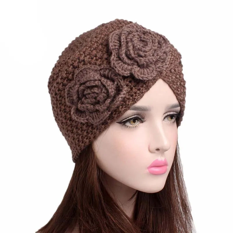 

Muslim Winter Hat Warm Rose Flower Knit Cap Beanie Sleep Chemo Turban Headwear Cancer Patients