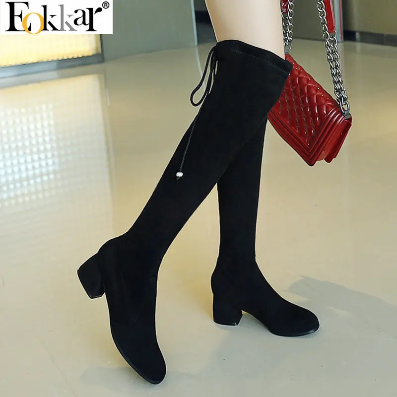 

Eokkar 2020 Black Lace Up Elastic Over The Knee High Boots Square Toe Med Heel Flock Thigh High Boots Thick Heel Boots Size34-43