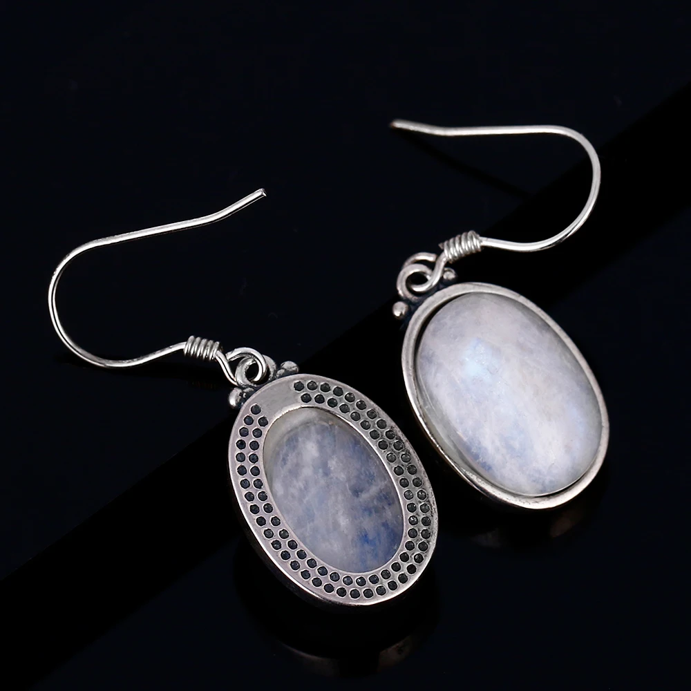 925 Sterling Silver Earrings 10X14MM Large Oval Natural Moonstone Elegant Simple Pendant Earrings Wholesale Engagement Part
