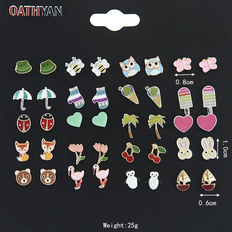 OATHYAN 20 пары/компл. женские милые красочные эмалевые серьги в виде животных