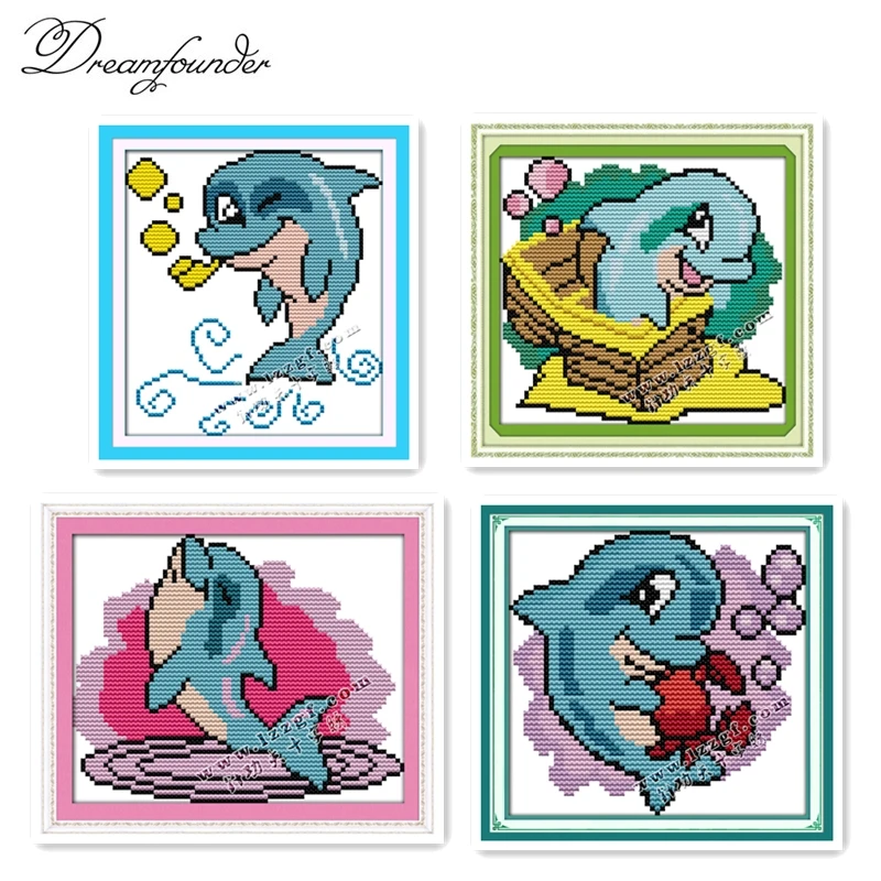 The Little Dolphin Cross Stitch Kit Aida 14ct 11ct Count Printed Canvas Stitches Embroidery Diy