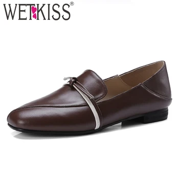 

WETKISS 2019 New Spring Genuine Leather Women Flats Square Toe Cross Tied Footwear Flat Sole Female Shoes Mules Shoes Woman