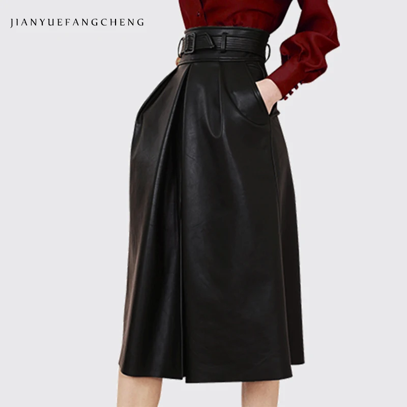 

Fashion PU Leather Skirt Women' High Waist Plus Size A-line Skirts With Belt Pockets Spring Autumn Korean Ladies' Long Skirt