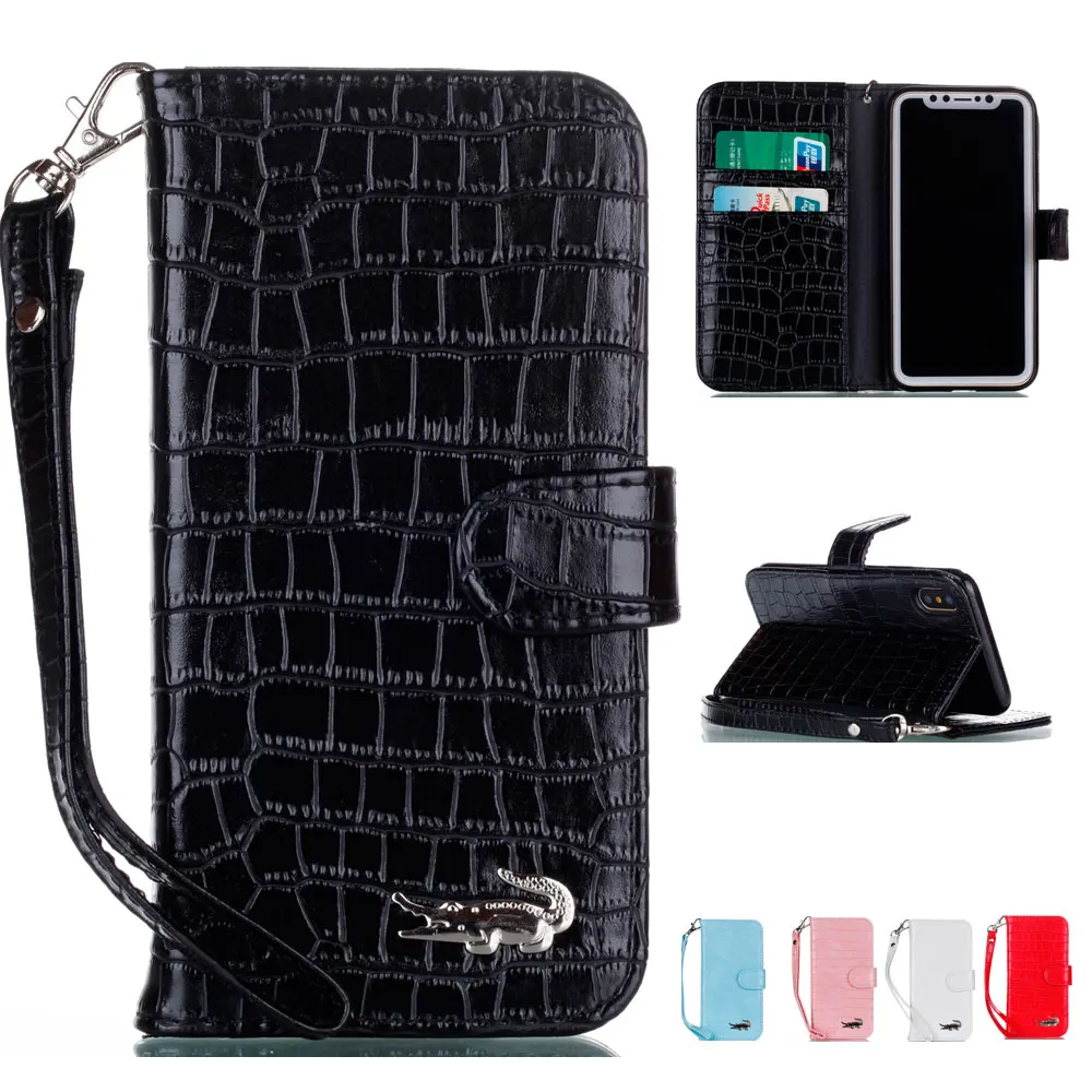 

DAXING for iphone X Luxury Crocodile Flip Leather Case For iPhoneX Wallet Card Slots Stand Women Handbag Phone Cover Free Film