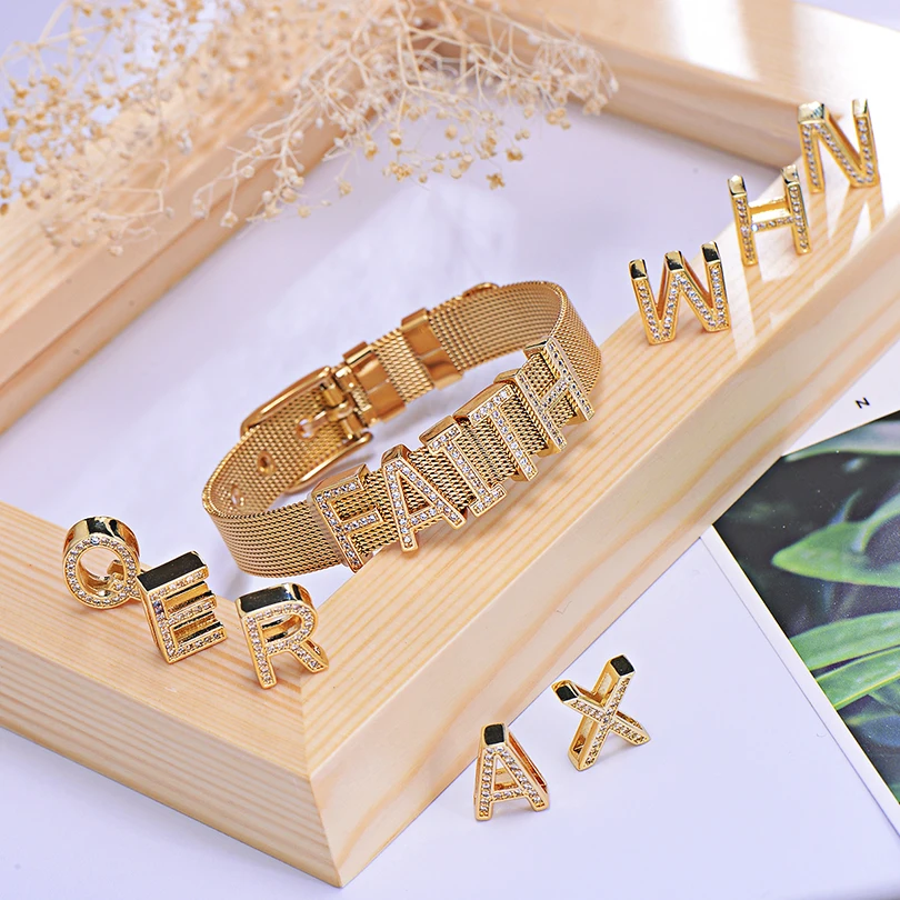 Pipitree Customize Name Stainless Steel DIY CZ Zircon Letter Bracelets Adjustable Buckle Charm Bracelet Bangle Women Men Jewelry