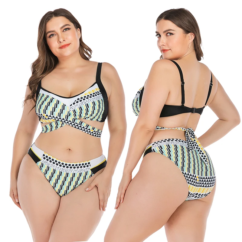 

Sexy Big Women Bikini Set Plus Size Pattern Print Swimsuit Big Breast Push Up Bandage Biquini Bathing suit Maillot de Bain Femme