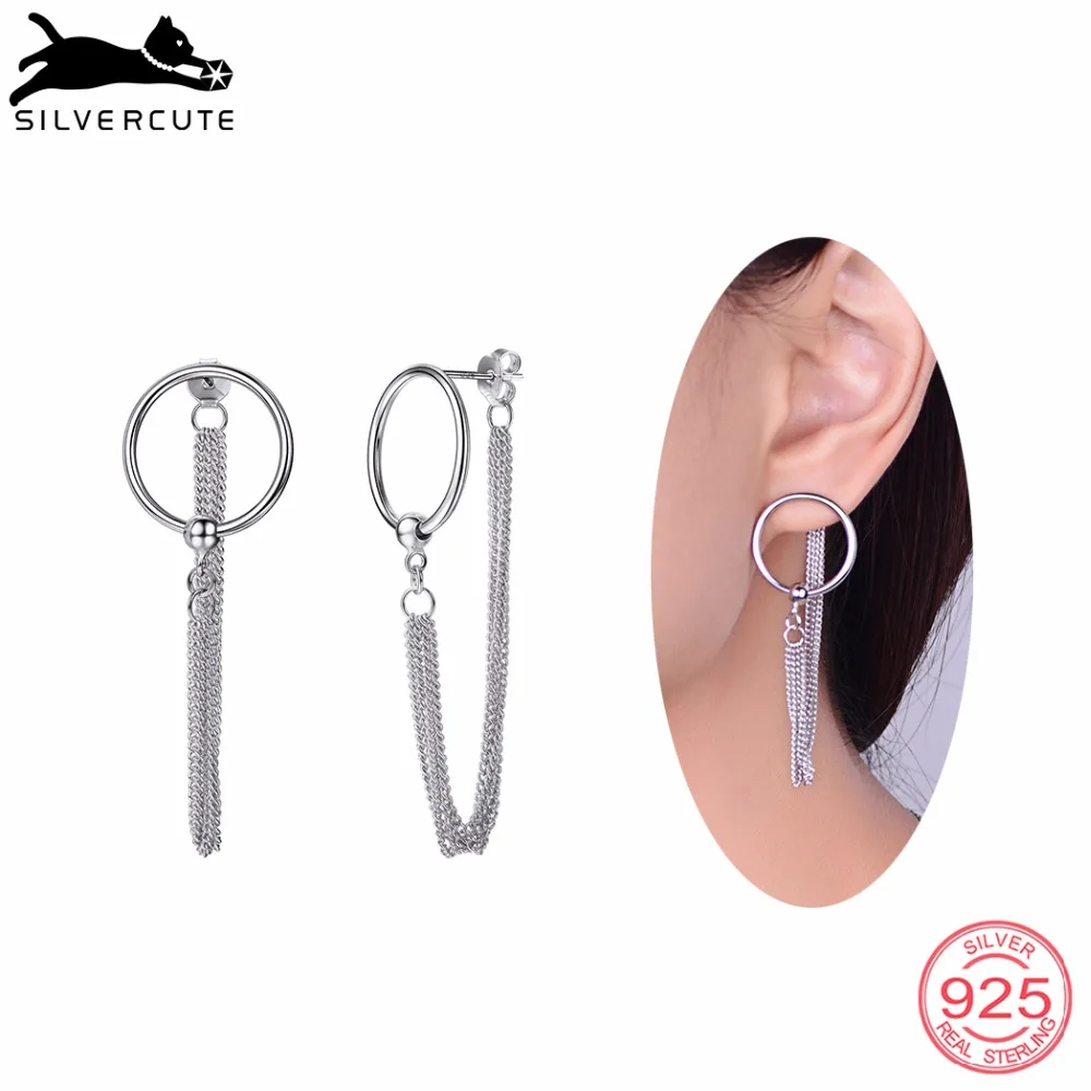 

SILVERCUTE Chic Round Long Wave Chain Drop Earring For Women 100% Real 925 Sterling Silver Fine Earrings Jewelry Gift SCE6095B