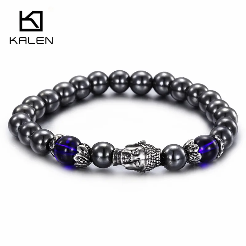 

Kalen Classic Iron Gray Stone Beads Bracelet Men Stainless Steel Lucky Buddha Head Charm Bracelet Vintage Religious Jewelry Gift