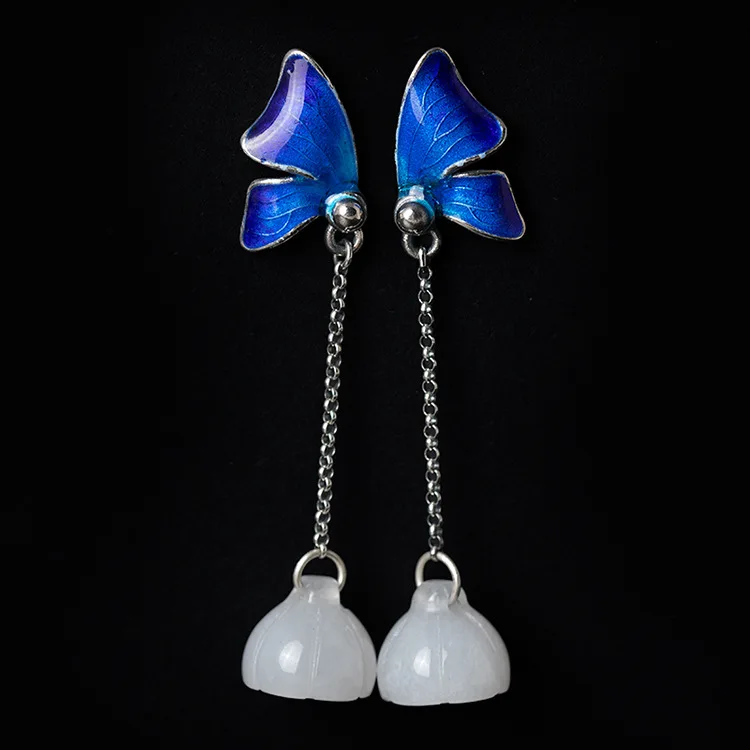 

Design Manual S925 Pure Silver White Jade Lotus Ear Line Folk Wind Enamel Craft Butterfly Earrings Wholesale