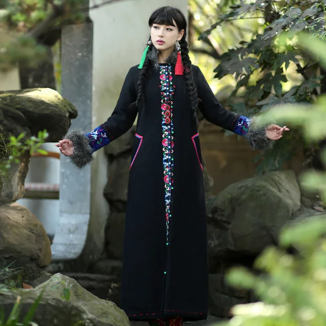 Cheap BOHOCHIC Original Vintage Ethnic Embroidery Stand Collar Cotton Linen Plus Size Loose Waist Bohemian Woman Parka AS0012D Boho