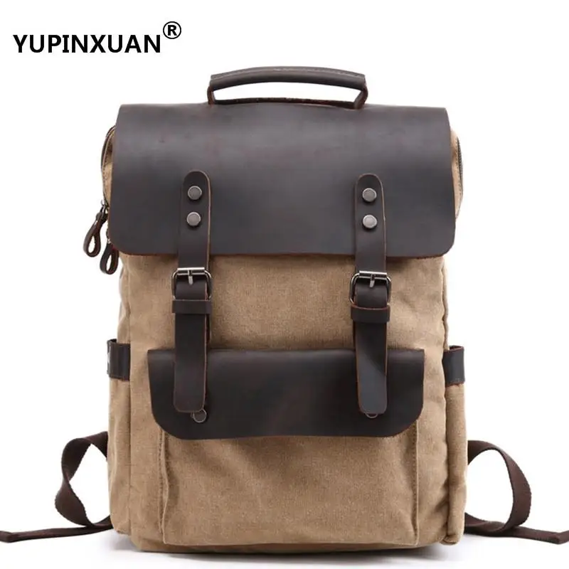 YUPINXUAN Europe Vintage Waterproof Oil Wax Canvas+Crazy Horse Leather Backpack for Men Laptop ...