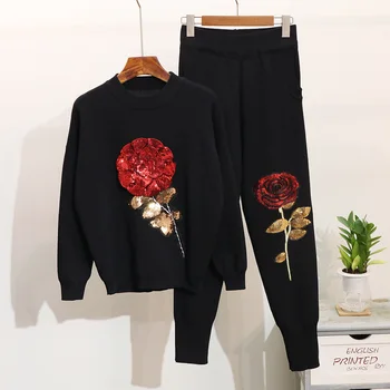 

Autumn Winter Knitted Sweater Women Set Sequin Long Sleeve Tracksuits Pullover Tops+Trousers Suit New Knitting Casual Loose 2pcs