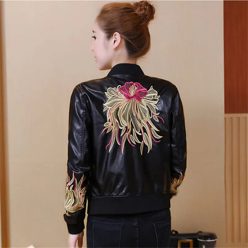 

Korea PU Leather Jacket Women Winter Autumn Winter Harajuku Embroidery Slim Biker Jacket Faux Leather Short Coats Outerwear