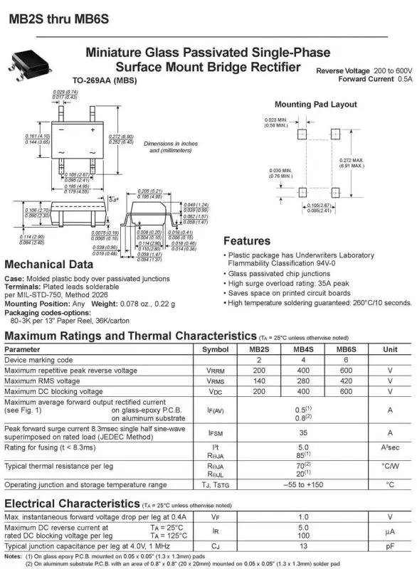 10 шт./лот) MB6S 0.5A 600 V Миниатюрный Мини SMD мостовой выпрямитель