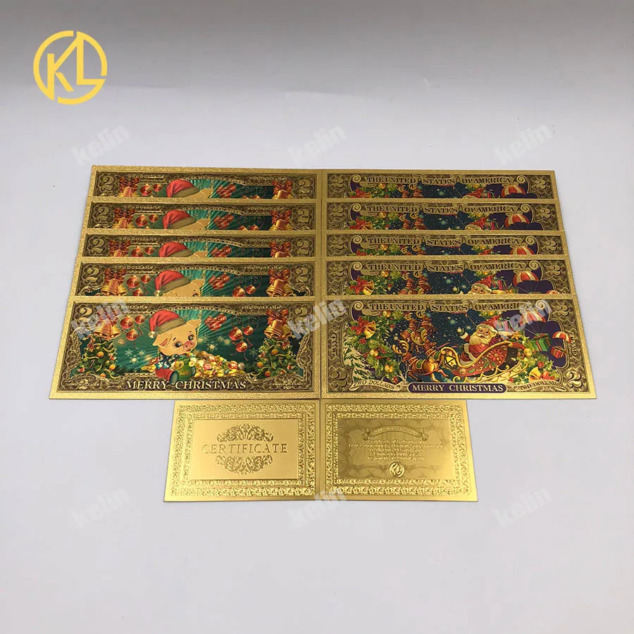 

10pcs/lot Christmas Gift Money Colorful USD 2 Dollar 24K Gold Foil Banknotes with Santa Claus and The year of Pig