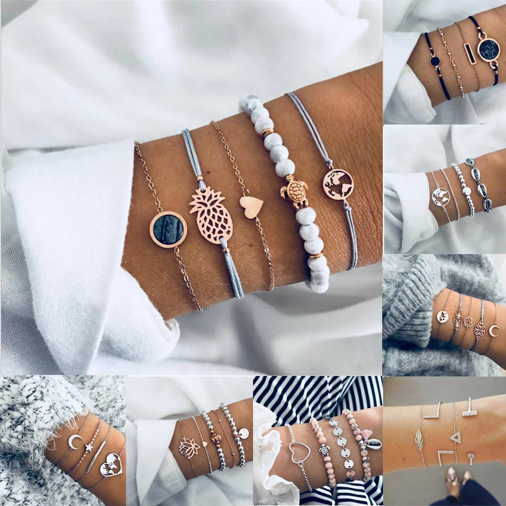 

HOCOLE Vintage Link Chain Bracelet Sets Female Bohemian Gold/Silver Metal Multi-layer Bangle Bracelets For Women Party Jewelry