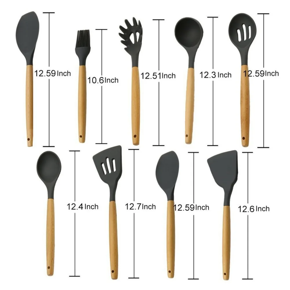 

Practical Silicone Cooking Tools Anti-Slip Wood Handle Kitchen Colander Spoon Butter Scraper Fried Shovel Kitchen Utensils Kits