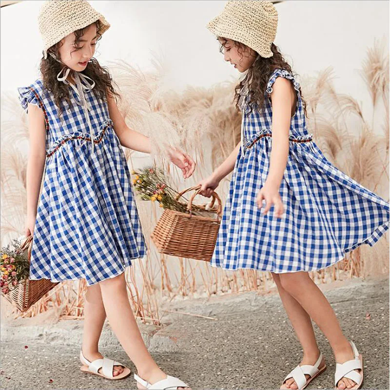 Новинка года, летнее платье в клетку для девочек Детские платья принцессы без рукавов для маленьких детей модная одежда для больших девочек возрастом от 3 до 14 лет