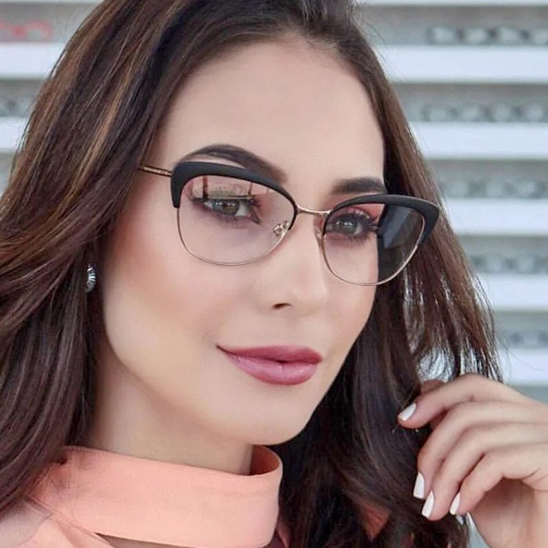 

Brand Design Women Cat Eye Glasses Eyeglasses Retro Cat Eye Optical Clear Transparent Lens Metal Frame Decorative Glasses UV400