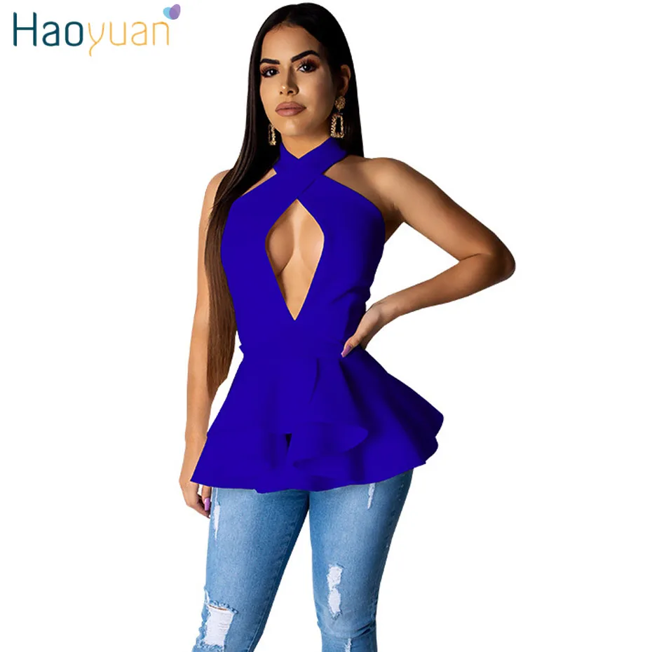 

HAOYUAN Off Shoulder Backless Sexy Halter Top Streetwear 2019 Summer Rave Festival Casual Shirt Women Clothes Side Zip Tank Tops